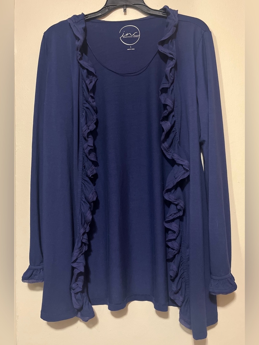 INC International Concepts Navy Ruffle-Trim Open Cardigan